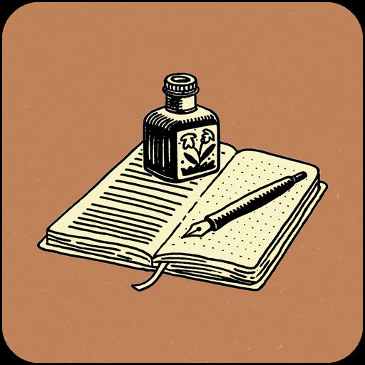 The Inktend app icon: an ink bottle and fountain pen on an open notebook